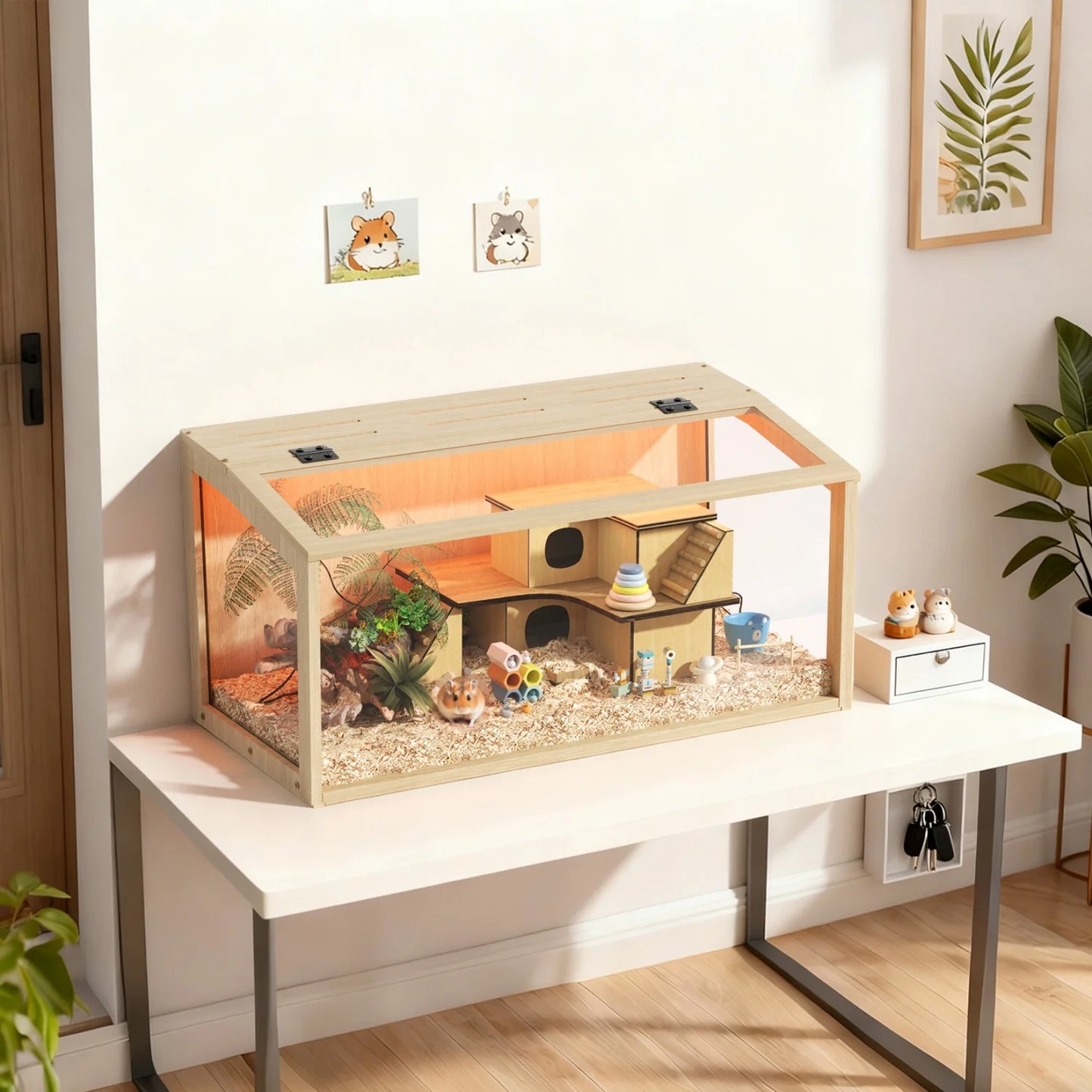 Wooden Small Pet Cage With Tempered Glass Panels And Led Light