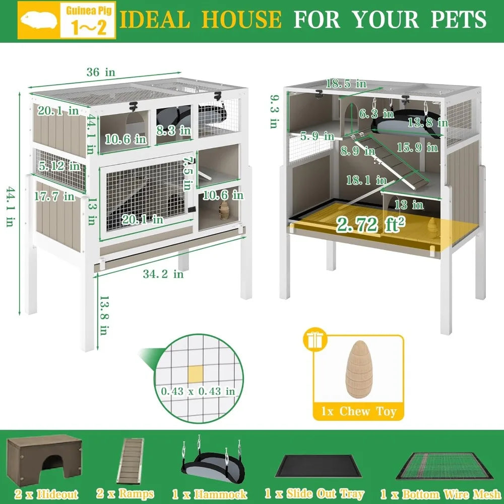Three Story Wooden Small Animal Cage With Stand And Ramps