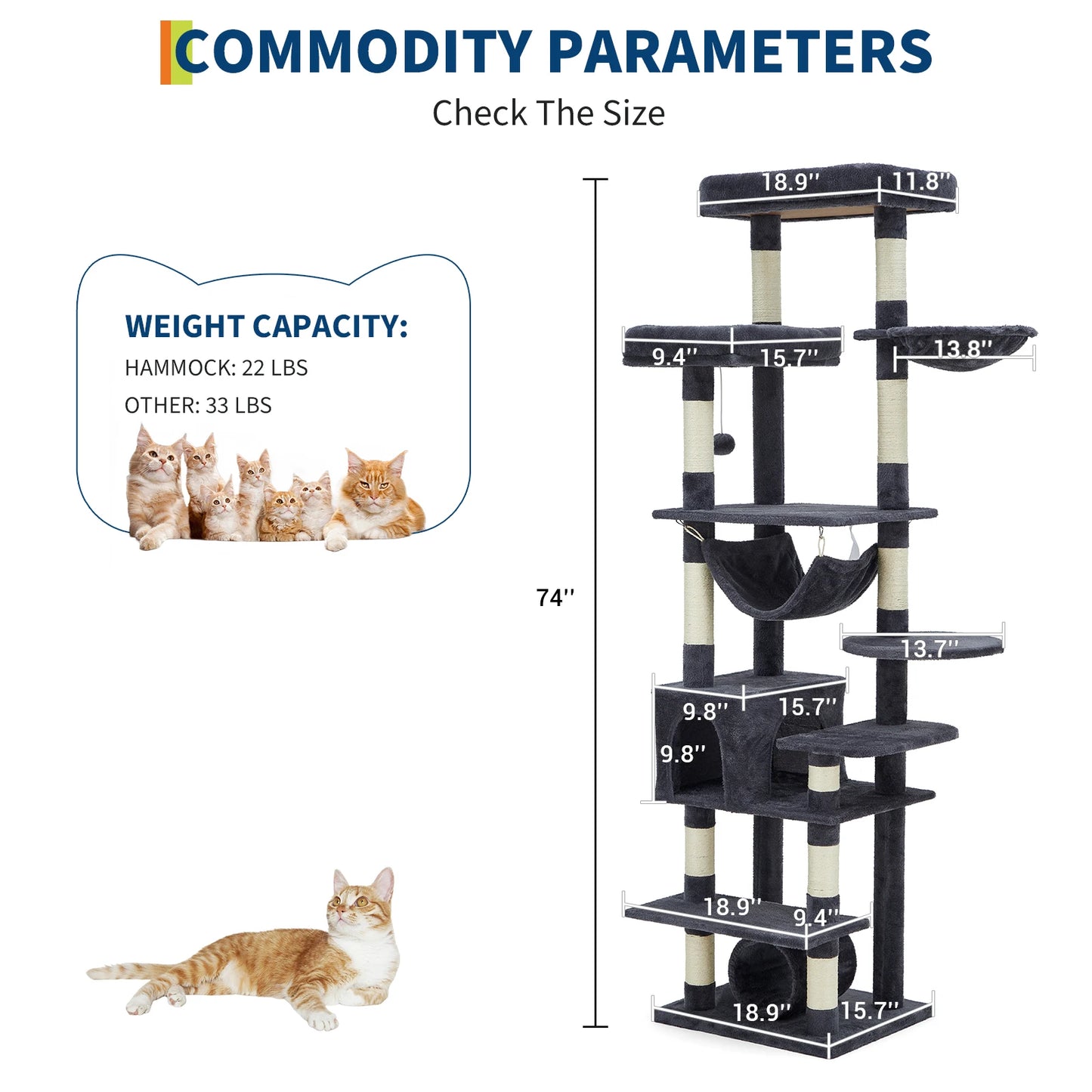 HiMISS Five Level Cat Tree Tower With Scratching Posts Hammock