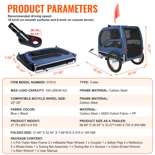 Pet Bike Trailer Carrier For Dogs, 100lb Capacity, Collapsible
