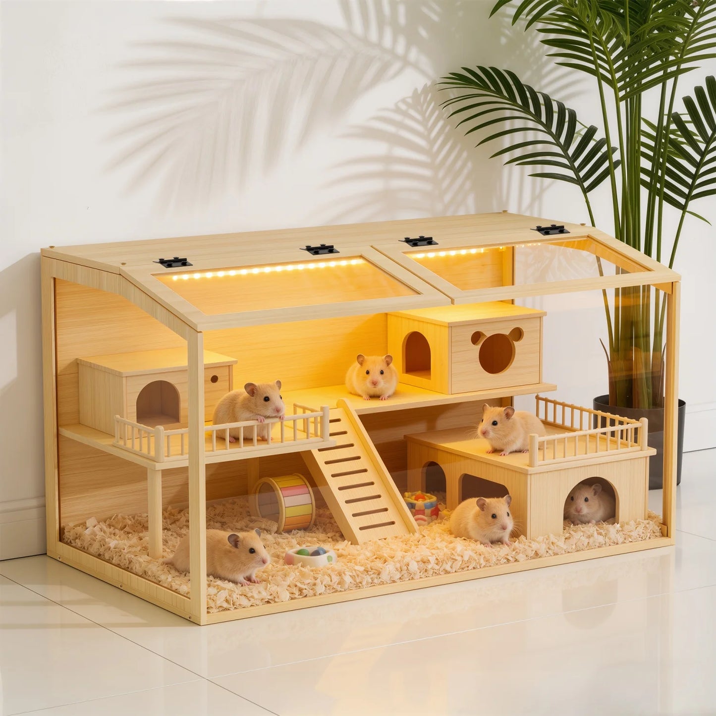 Natural Wooden Hamster Cage With Dual Door And Interior Light