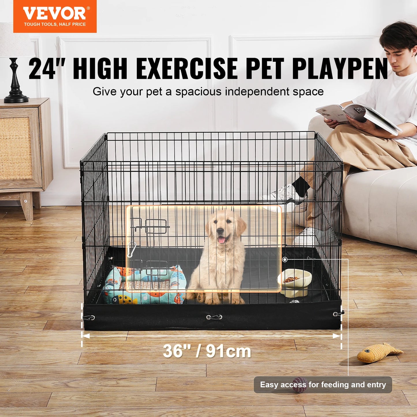 Foldable Metal Dog Playpen With Door And Oxford Fabric Pad