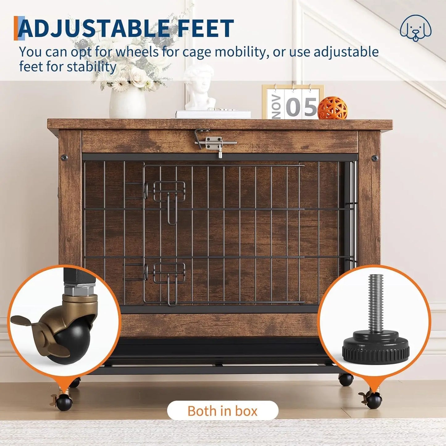TWISTER.CK Wooden Dog Crate Furniture With Removable Tray And Wheels