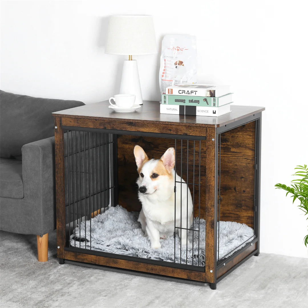 Wooden Dog Crate End Table With Double Doors Indoor Use