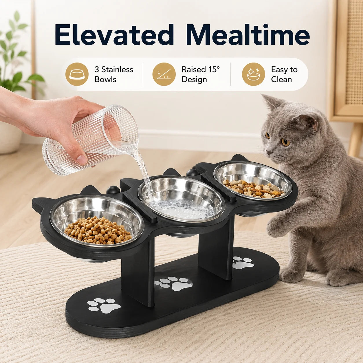 Tilted Elevated Cat Bowl Stand With Three Stainless Steel Bowls