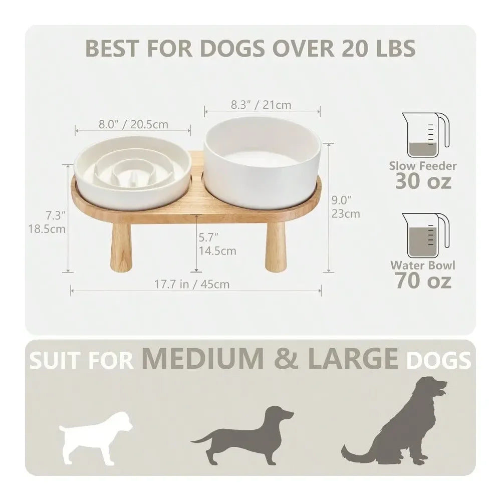 Dog Water Bowl Set With Slow Feeder And Wooden Stand