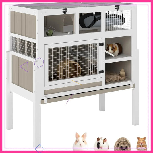 Three Story Wooden Small Animal Cage With Stand And Ramps