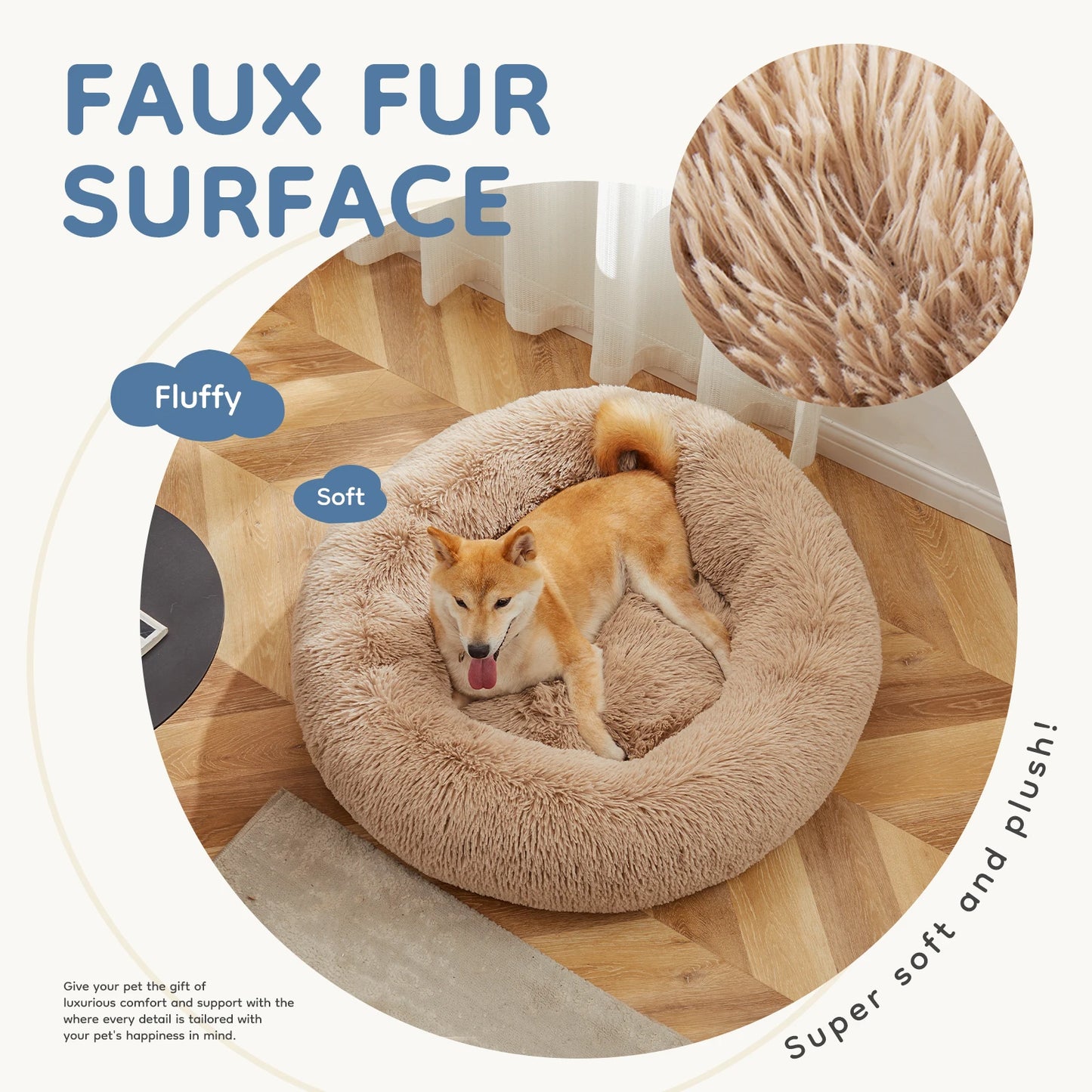 MCQ Round Faux Fur Plush Dog Bed With Antislip Bottom