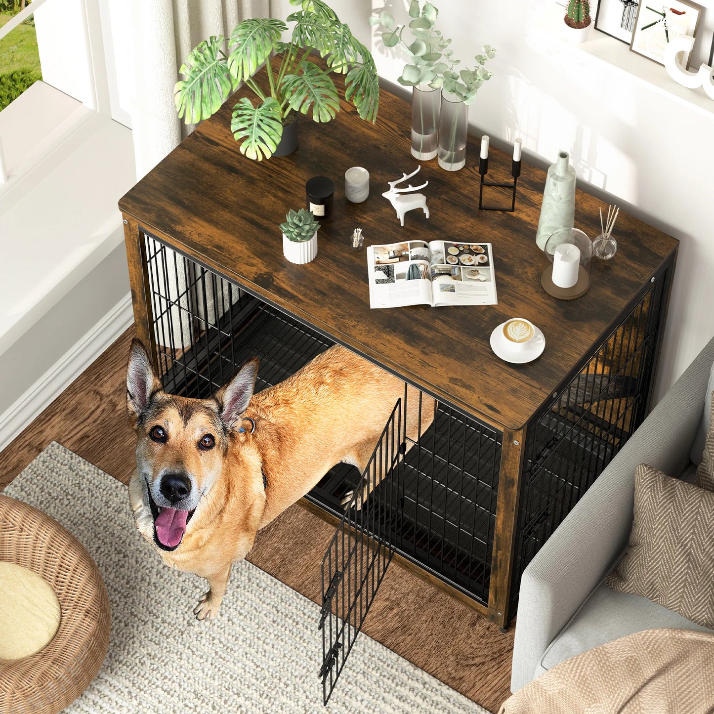 Bingopaw Pet Cage Kennel End Table Double Doors Removable Tray