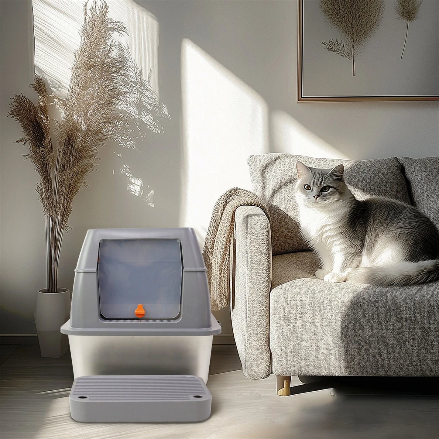 Enclosed Stainless Steel Cat Litter Box With Lid Odor Control