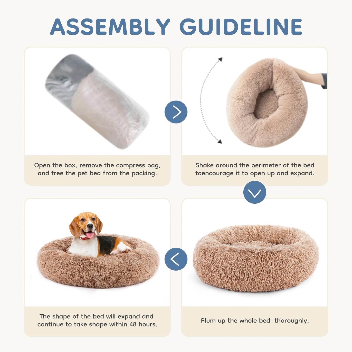 MCQ Round Faux Fur Plush Dog Bed With Antislip Bottom