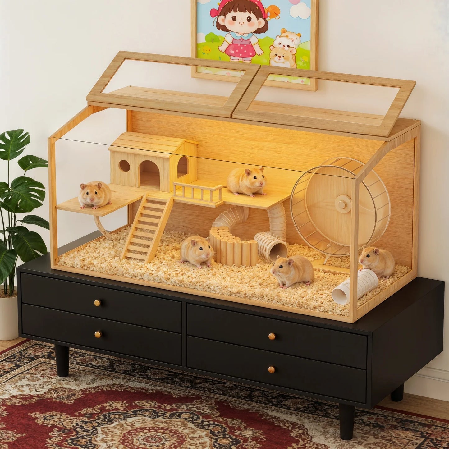 Natural Wooden Hamster Cage With Dual Door And Interior Light