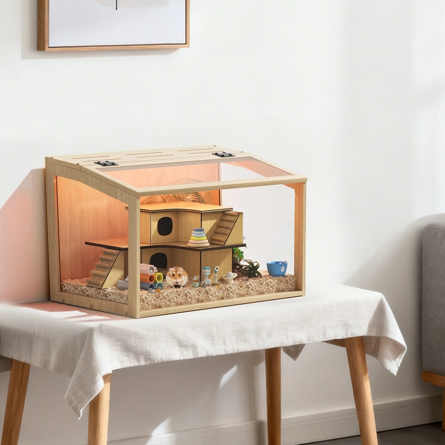 Natural Wooden Hamster Cage With LED Lighting Tabletop Pet Habitat