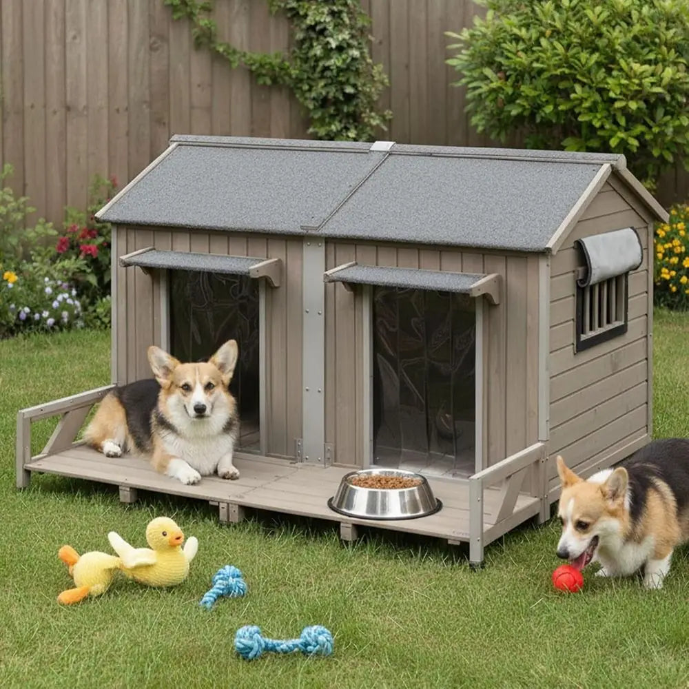 Weather Resistant Outdoor Wooden Dog House Two Doors Secure Enclosure