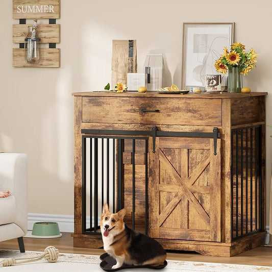 HiMISS Farmhouse 2 In 1 Iron Wood Dog Crate End Table