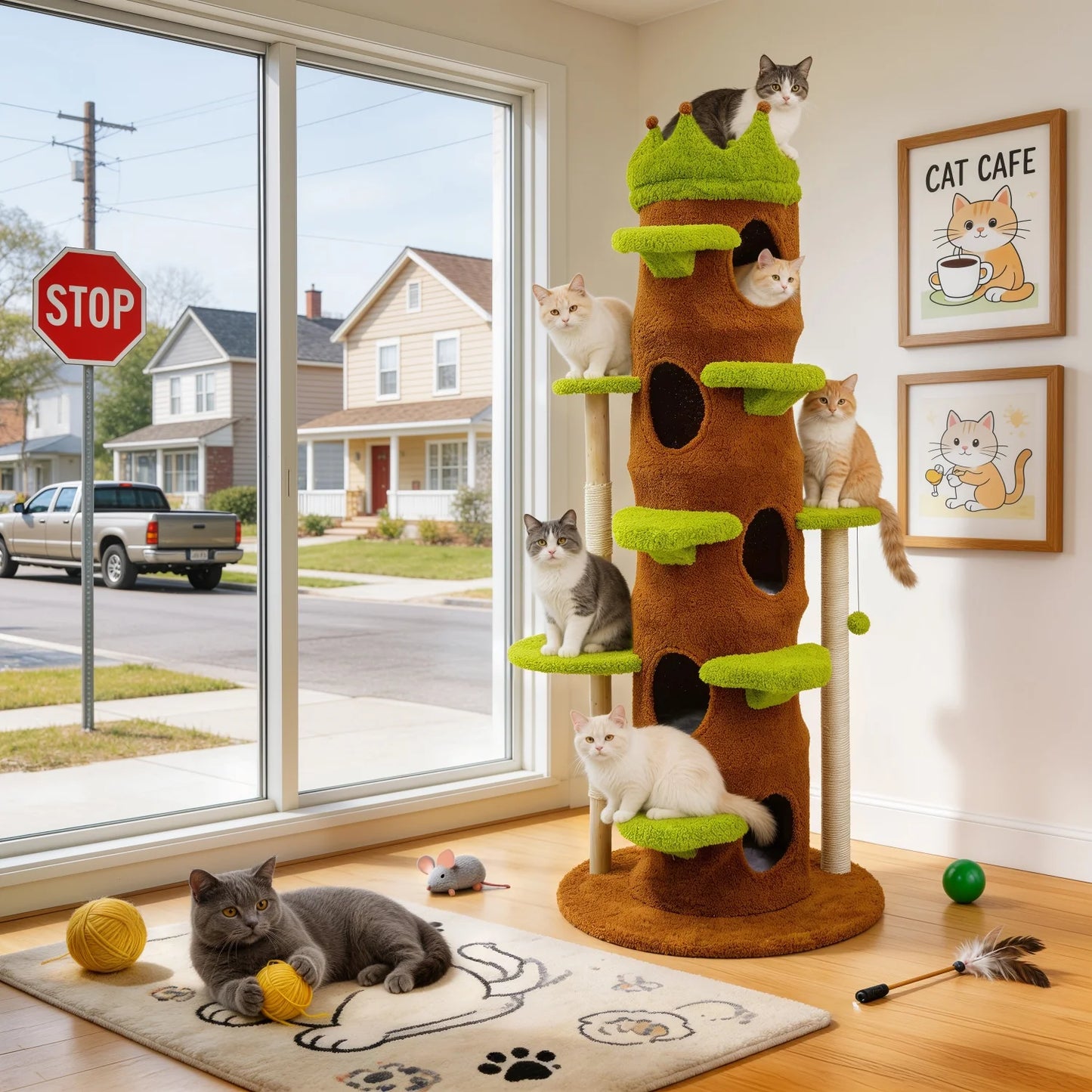 Wooden Cat Tree Tower With Crown Perch And Plush Steps