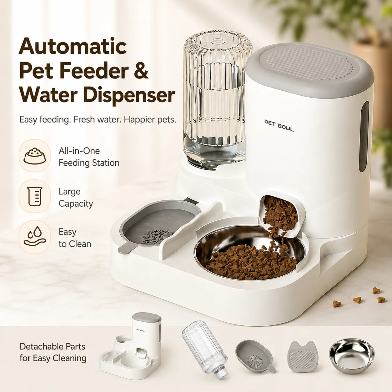 Automatic Pet Feeder And Water Dispenser Detachable Easy Clean