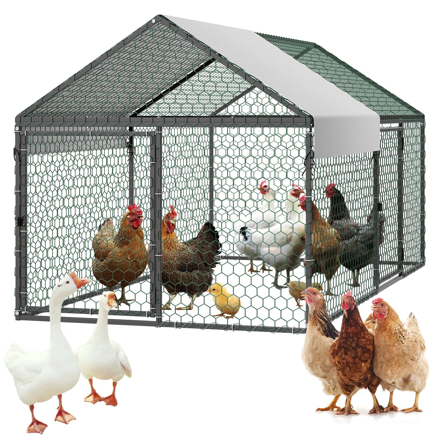 SucceBuy Metal Chicken Coop With Spire Roof And Waterproof Cover