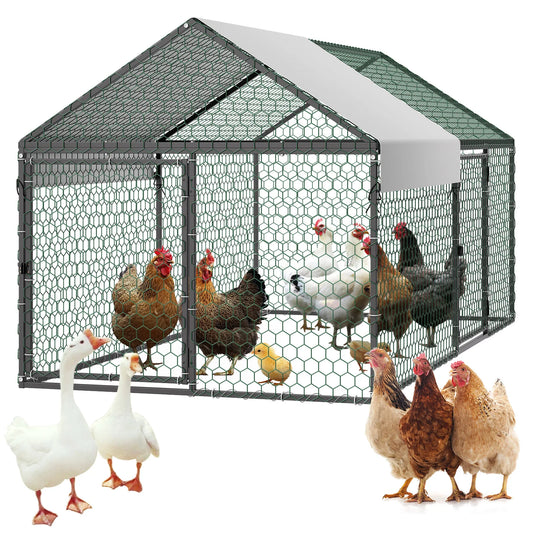 SucceBuy Metal Chicken Coop With Spire Roof And Waterproof Cover