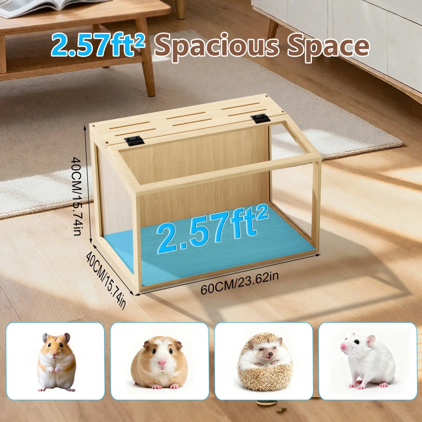 Wooden Small Pet Cage With Tempered Glass Panels And Led Light
