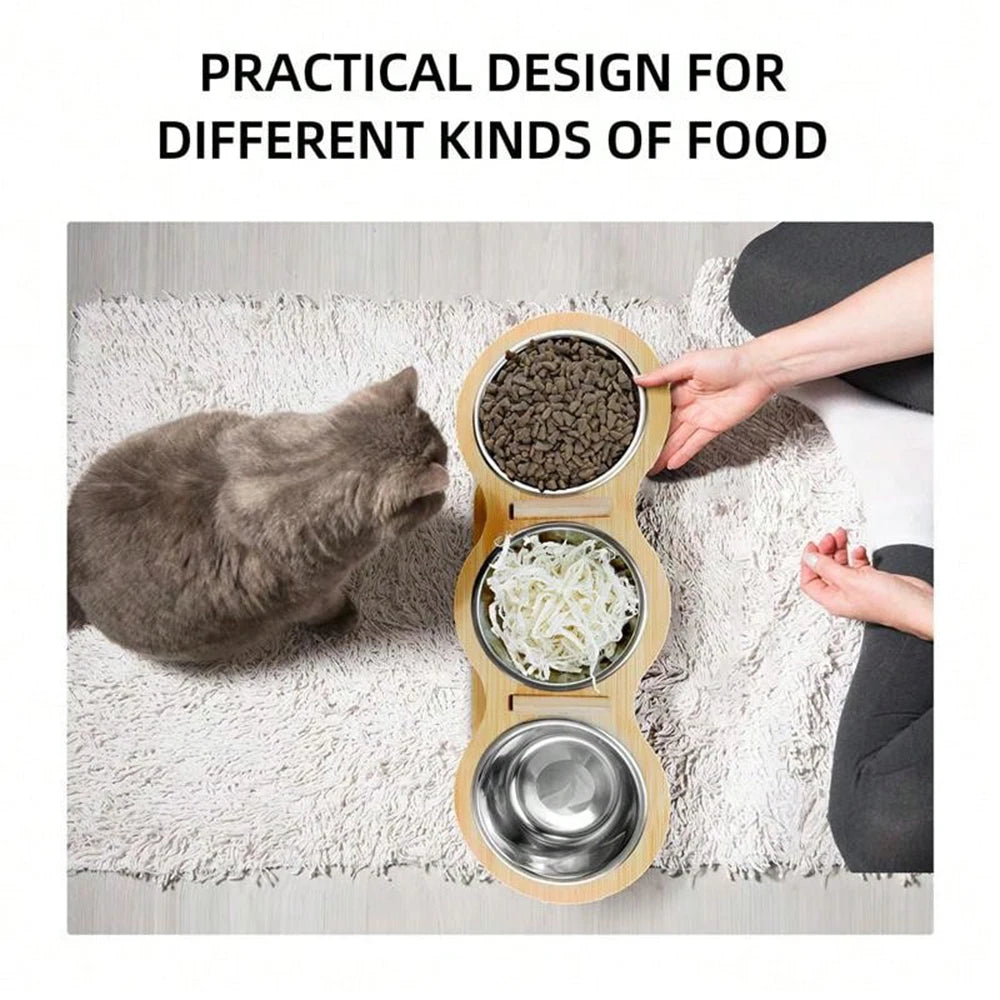 PETRAVEL Cat Food Feeder With 3 Bowls Tilted 15 Degree Raised