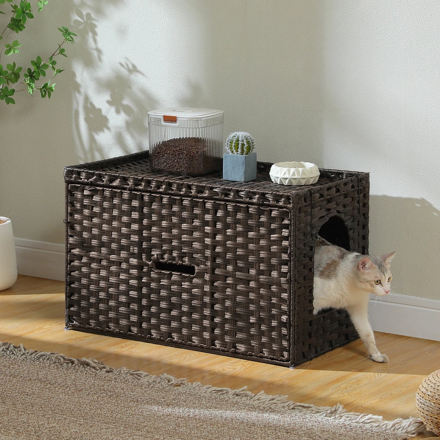 PEQULTI Rattan Cat Litter Box Enclosure With Flip-Up Door