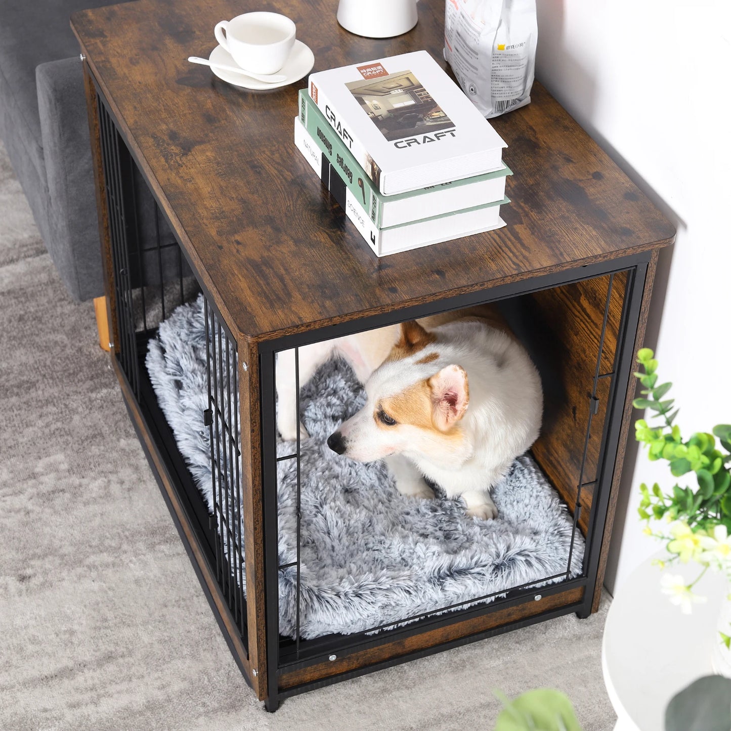 Wooden Dog Crate End Table With Double Doors Indoor Use