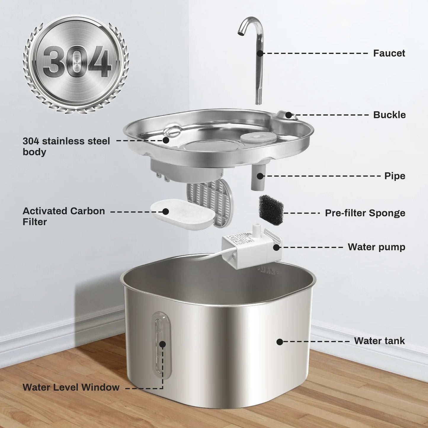 Stainless Steel Cat Water Fountain Ultra Quiet Multi Layer Filtration