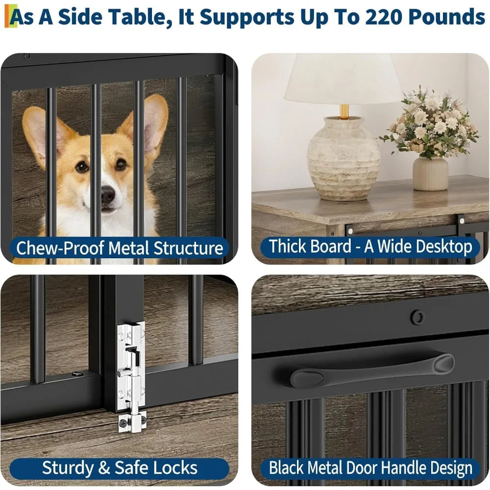 HiMISS Wooden Pet Cage Side Table Dog Crate Double Door