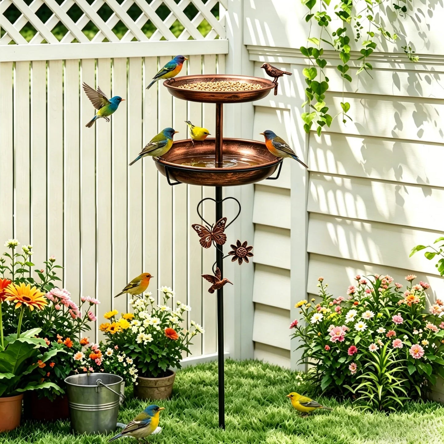 Copper Double Layer Bird Bath Stand For Outdoor Garden Decor