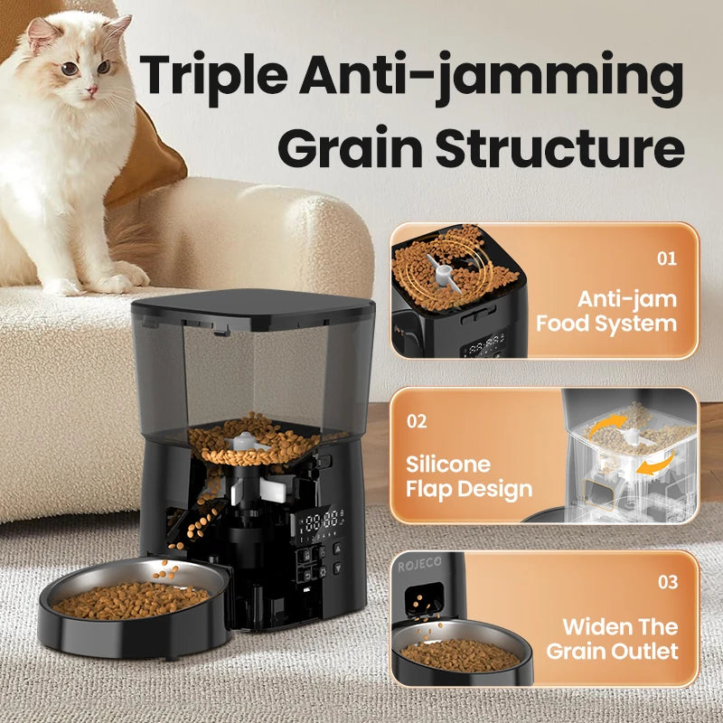 ROJECO Automatic Cat Feeder With Smart Control Kibble Dispenser Button Version