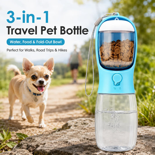 Portable Pet Water Bottle With Food Container Travel Dispenser