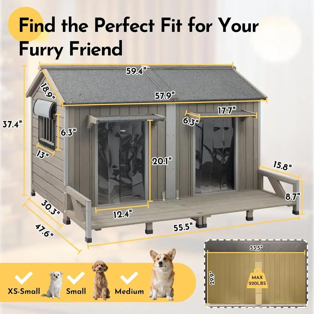 Weather Resistant Outdoor Wooden Dog House Two Doors Secure Enclosure
