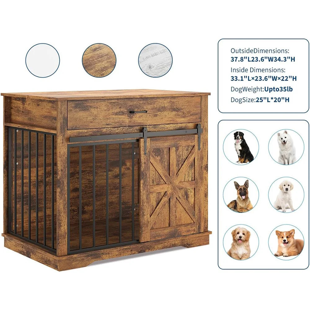 HiMISS Farmhouse 2 In 1 Iron Wood Dog Crate End Table