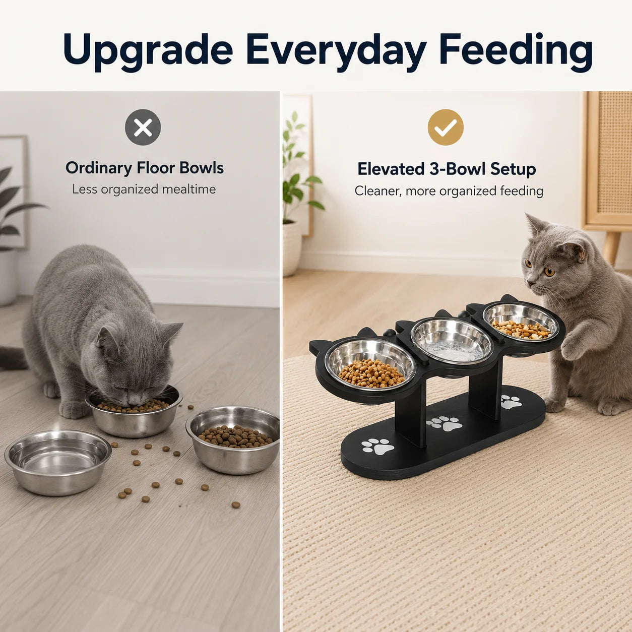 Tilted Elevated Cat Bowl Stand With Three Stainless Steel Bowls