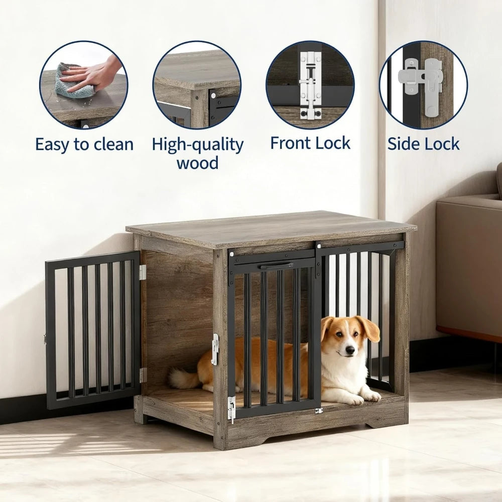 HiMISS Wooden Pet Cage Side Table Dog Crate Double Door