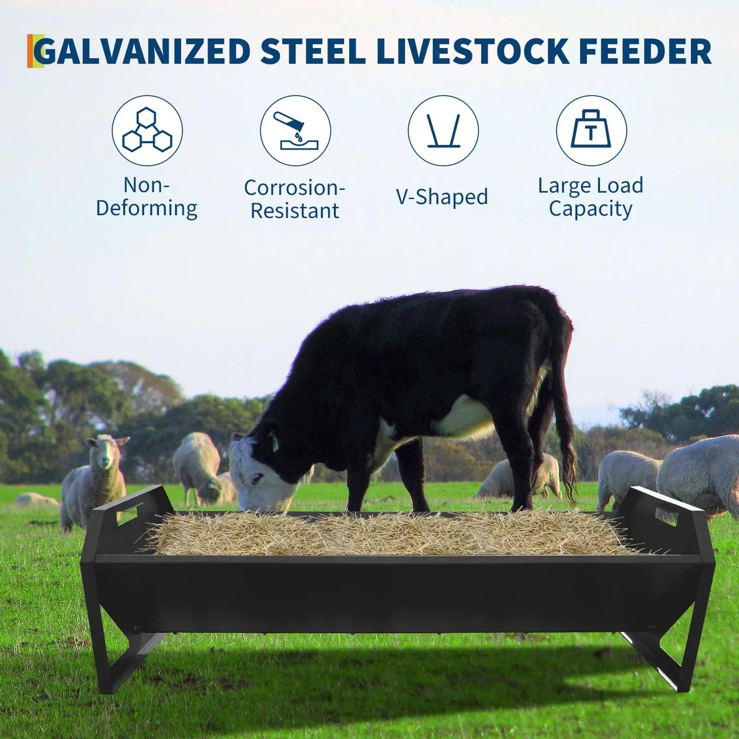 HiMISS Heavy Duty Galvanized Steel Livestock Feeder V Shaped Bottom