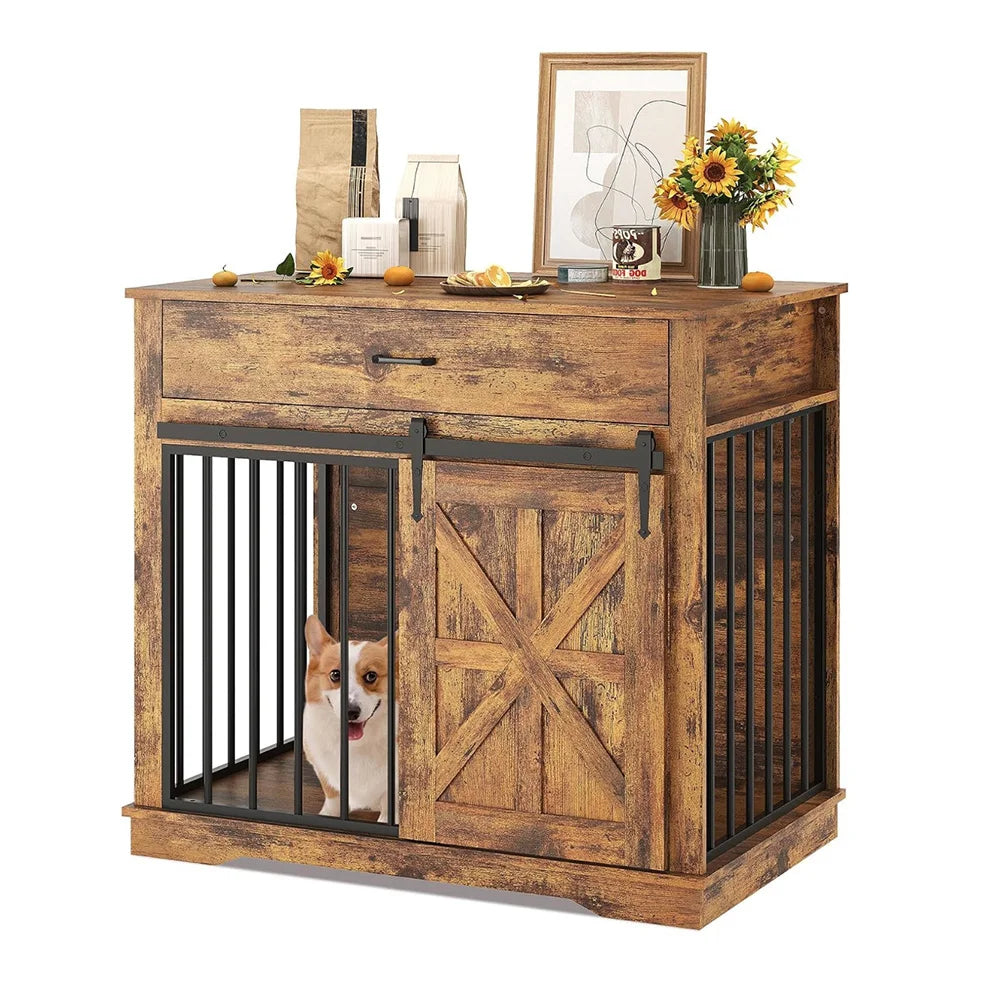 HiMISS Farmhouse 2 In 1 Iron Wood Dog Crate End Table