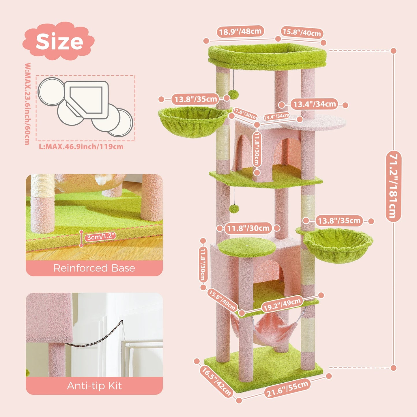 PAWZ Road Tall Cat Tree With Scratching Posts And Hammock