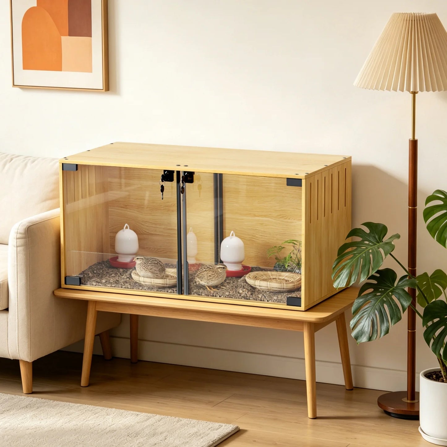 Wooden Small Animal Cage With Tempered Glass And Removable Divider