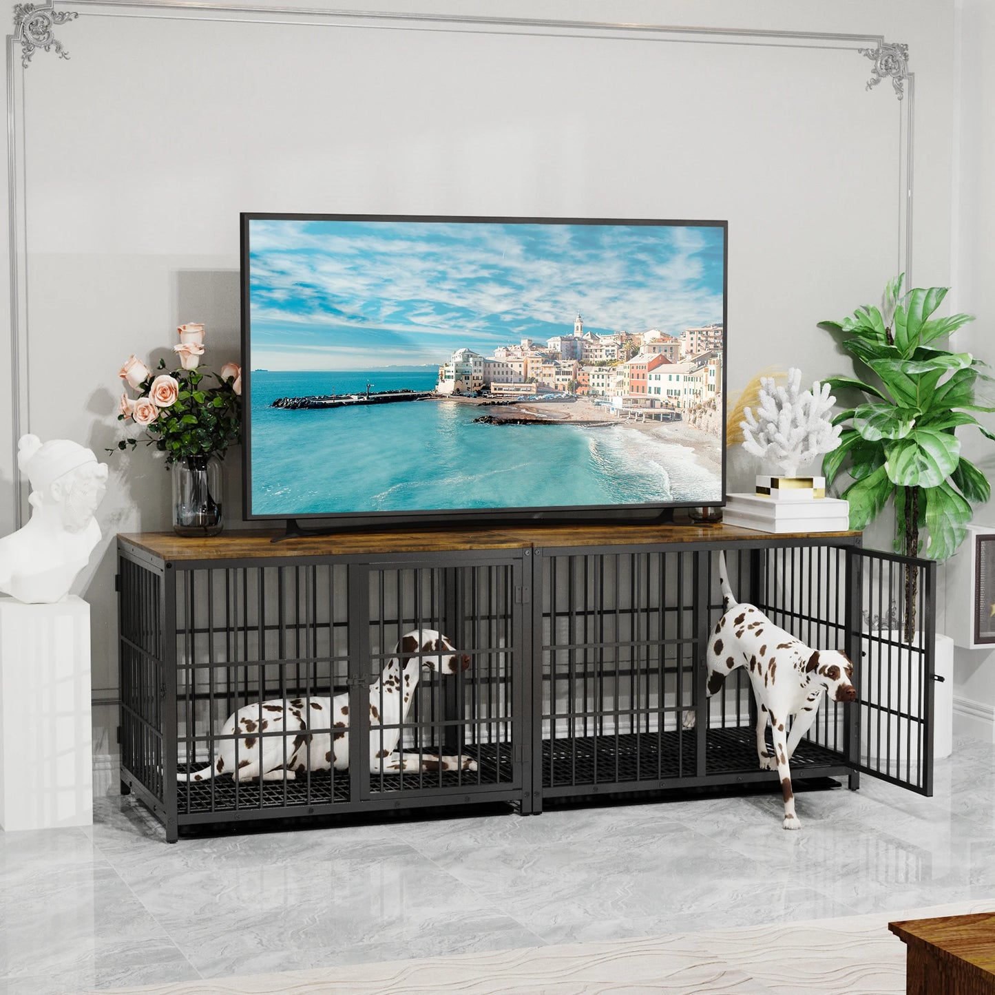 Furniture Style Dog Crate End Table With Three Doors In Metal And Wood