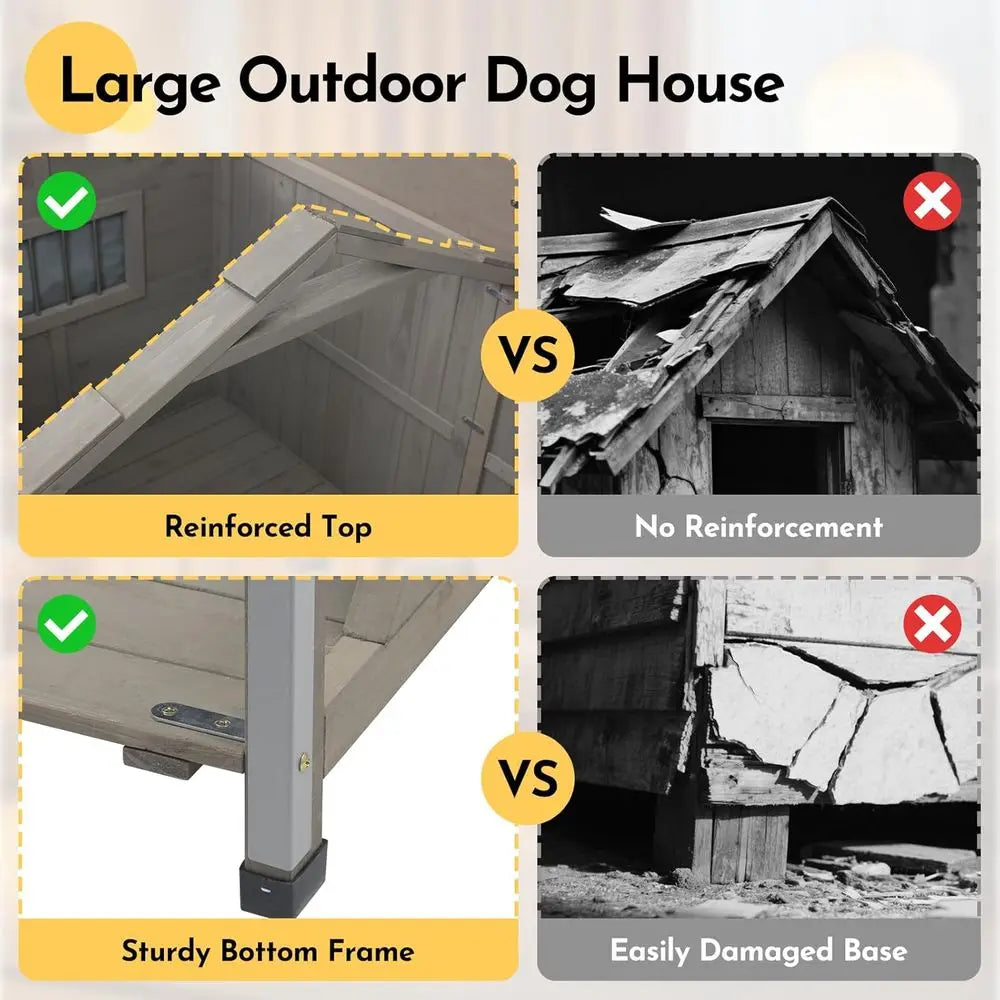Weather Resistant Outdoor Wooden Dog House Two Doors Secure Enclosure