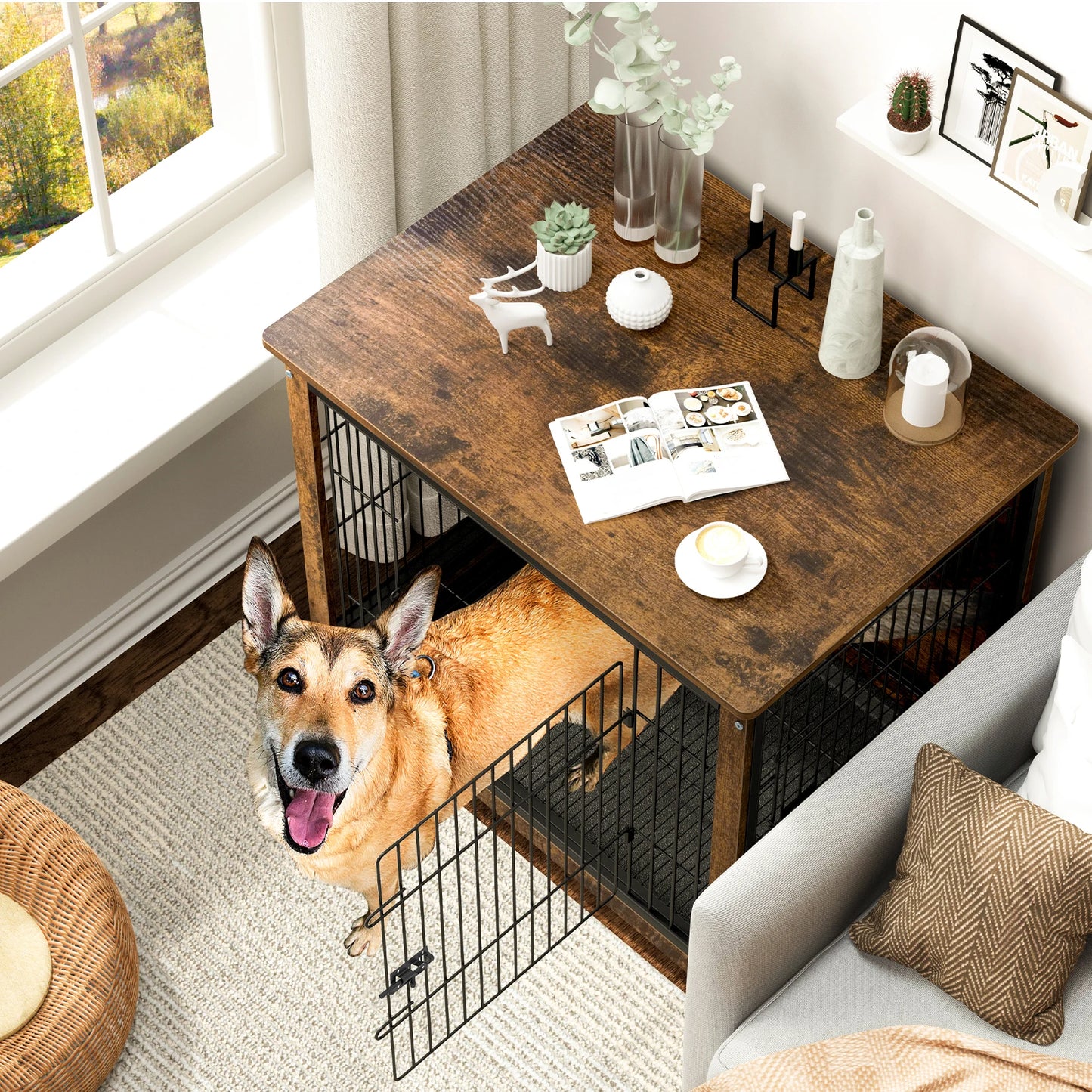 Wooden Dog Crate End Table With Double Doors Indoor Use
