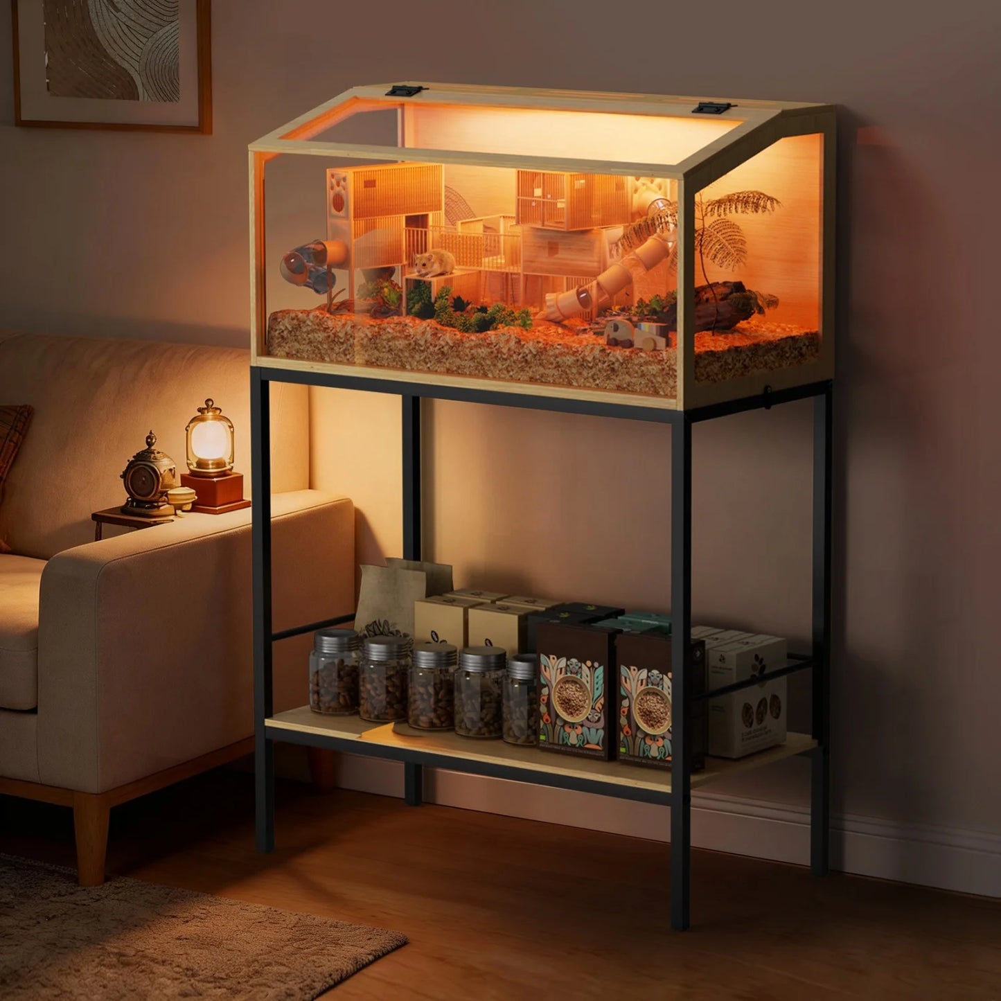 Wooden Small Pet Cage With Tempered Glass Panels And Led Light