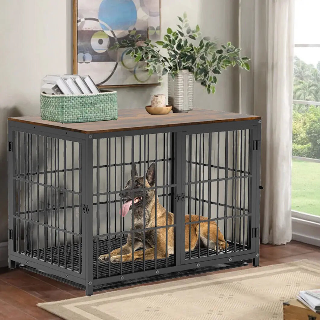 Furniture Style Dog Crate End Table With Three Doors In Metal And Wood