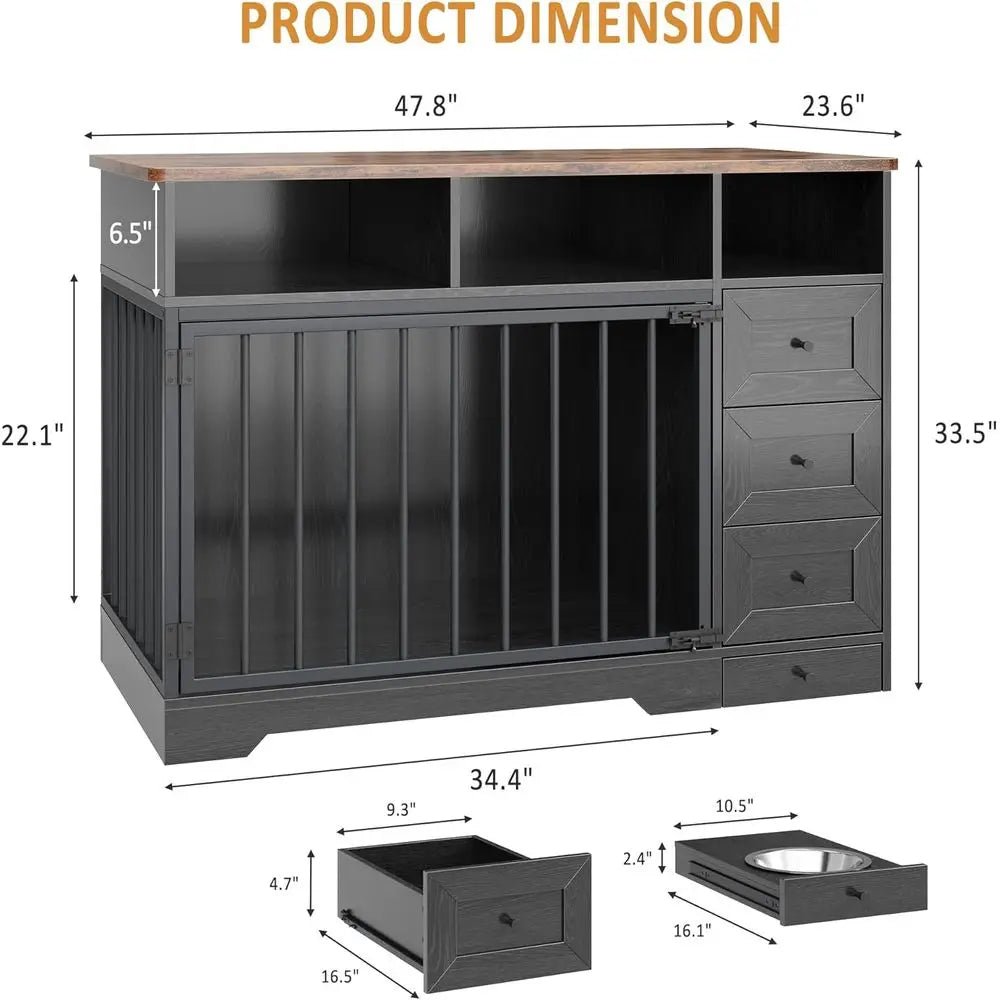 Farmhouse Heavy Duty Dog Crate End Table With Bowl And Drawers