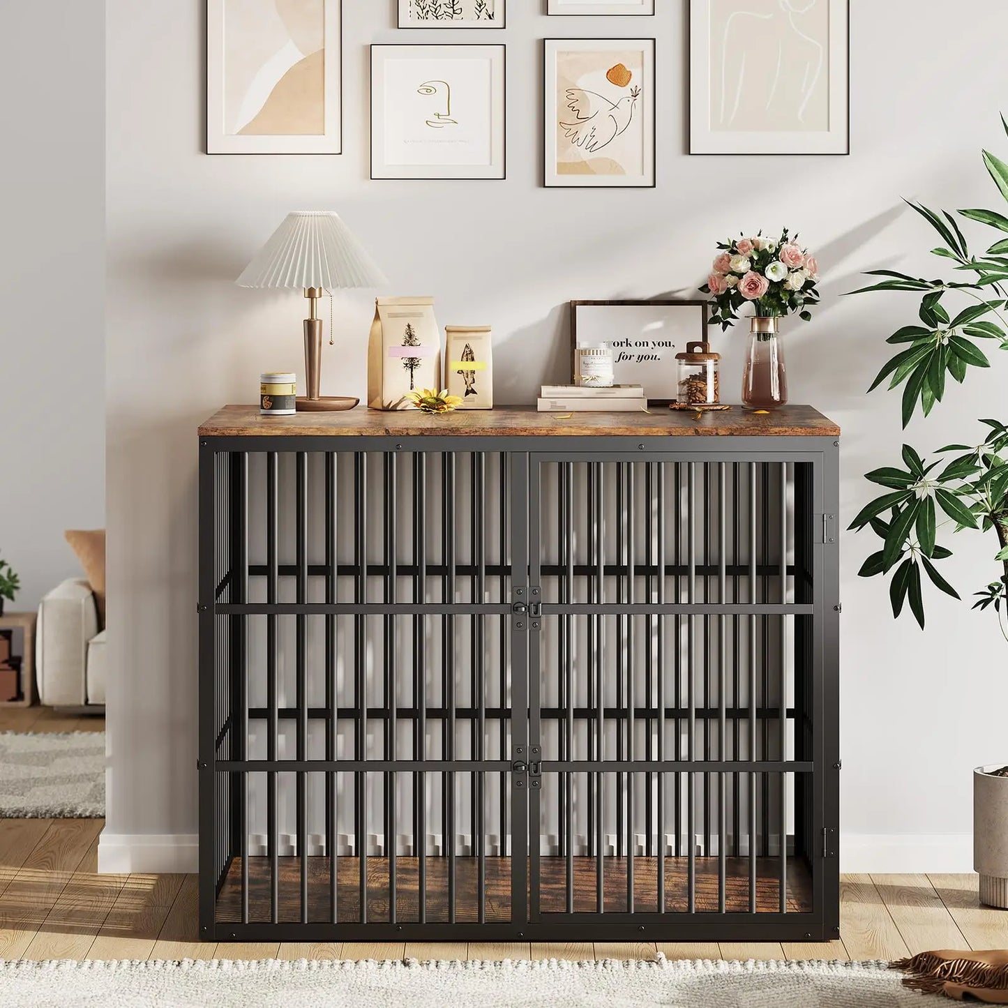 HiMISS 3-In-1 Dog Crate Furniture Kennel With Lockable Doors Heavy Duty