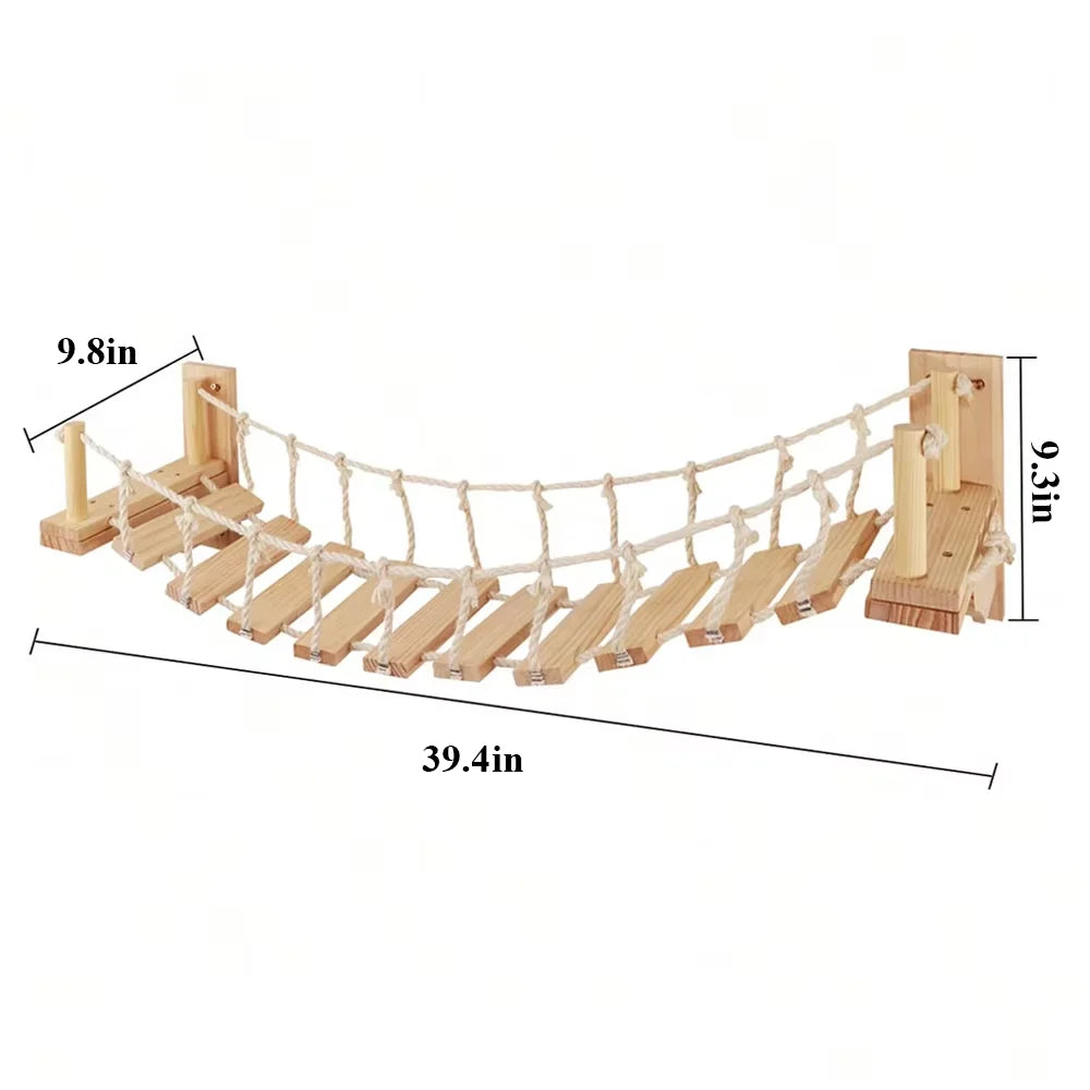Wall Mounted Pine Wood Cat Bridge With Sisal Rope Steps