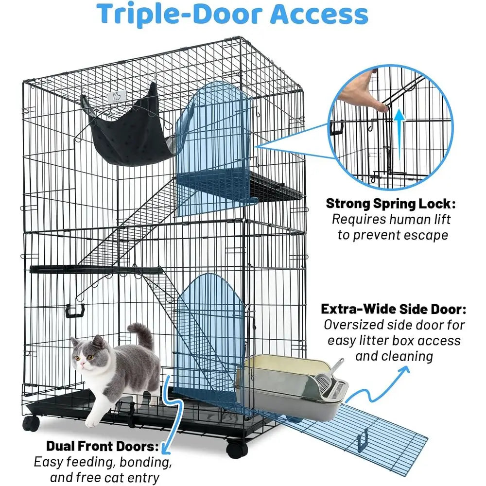 Indoor 3 Tier Cat Cage With Collapsible Wire Kennel Wheels