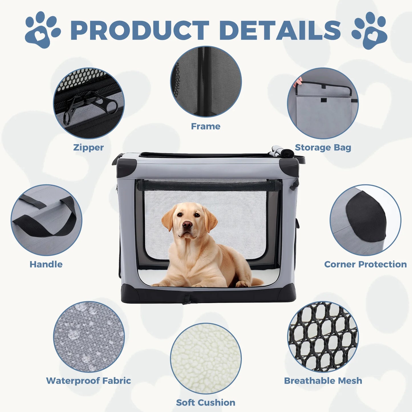 JHK Foldable Soft Dog Crate With 3 Doors Kennel Indoor